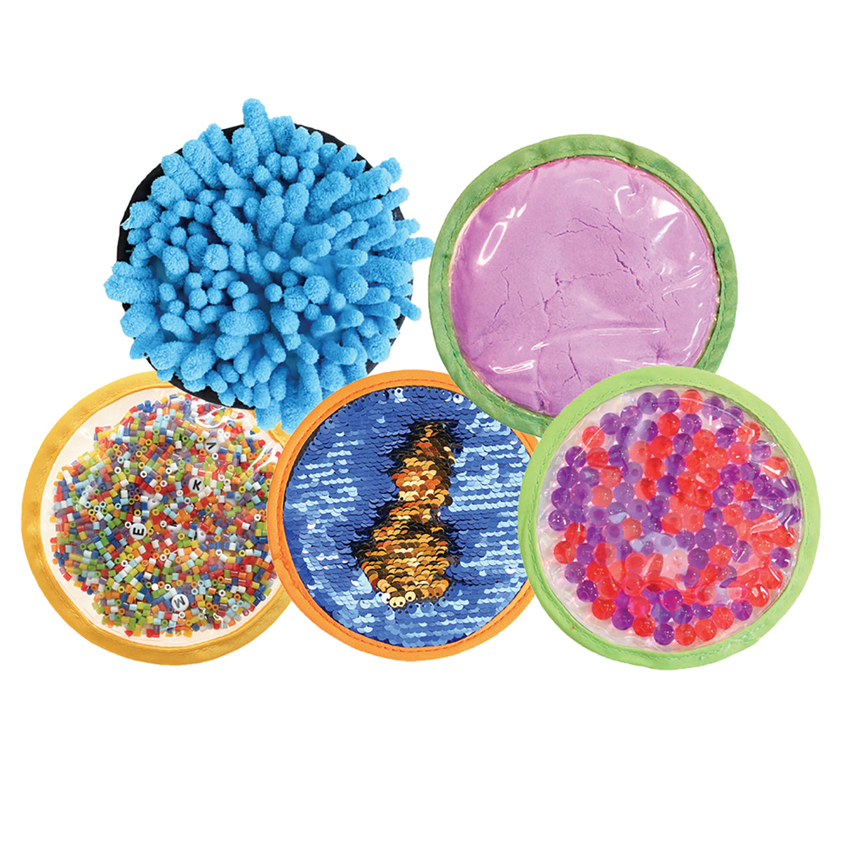 Set of 5 sensory discs with different textures: blue pom-pom sphere, pink smooth disc, multicolored beads in yellow rim, blue and gold sequins in orange rim, an