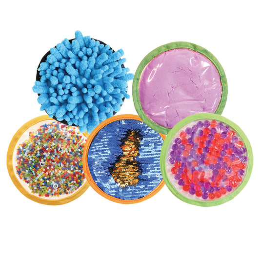 Set of 5 sensory discs with different textures: blue pom-pom sphere, pink smooth disc, multicolored beads in yellow rim, blue and gold sequins in orange rim, an