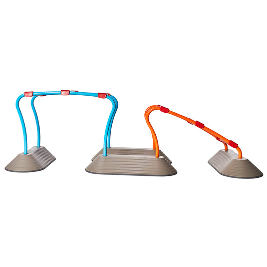 Three blue and orange arched tunnel trainers with gray bases, shown in different configurations for active play