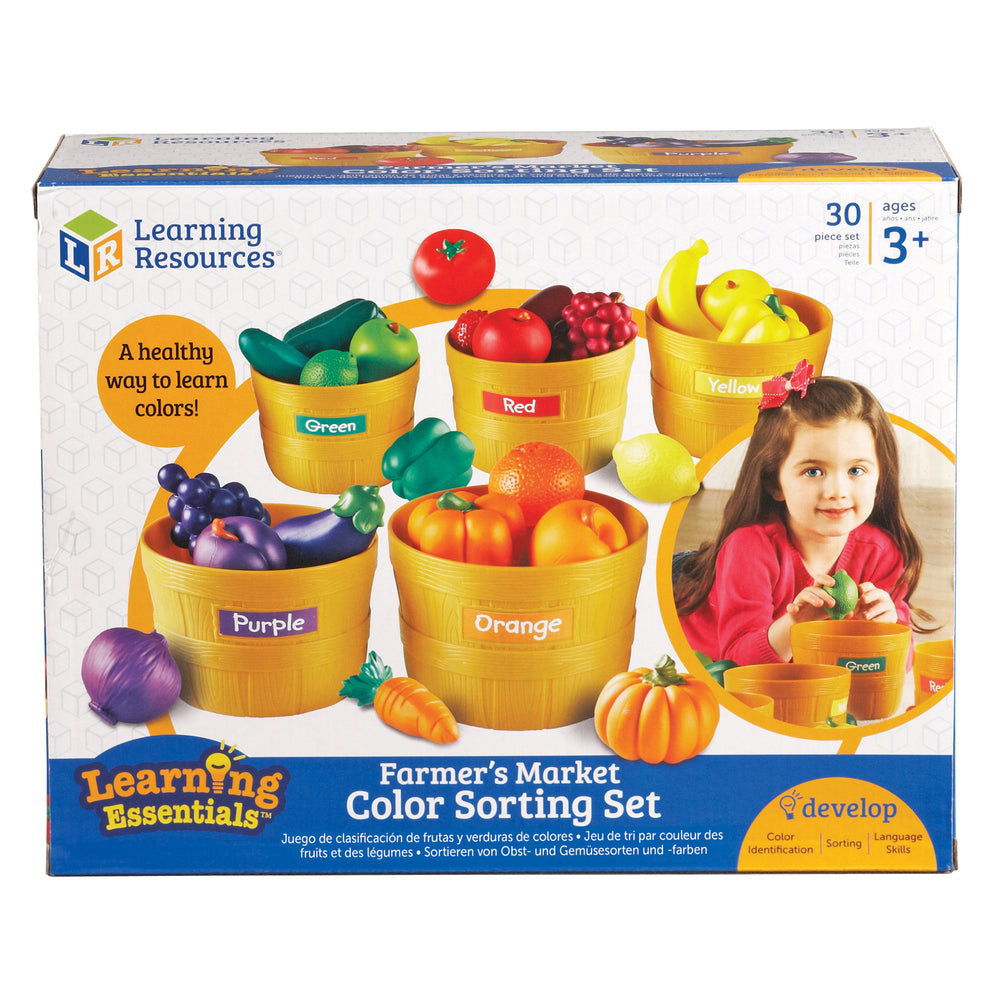 Learning Resources Farmer's Market Color Sorting Set with yellow baskets labeled green, red, yellow, purple, and orange filled with toy fruits and vegetables, m