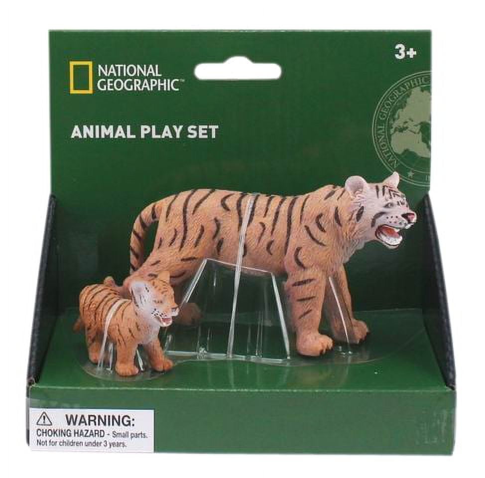 National Geographic Animal Play Set package containing adult tiger and tiger cub figurines on green background, ages 3+