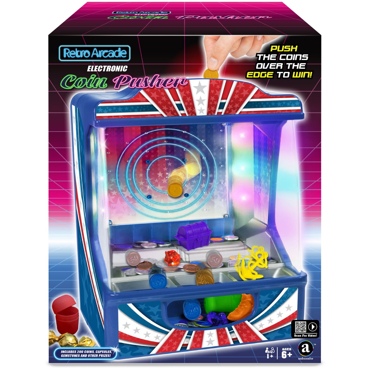 Retro Arcade Electronic Coin Pusher Game with LED lights, blue and red design, includes coins and prizes