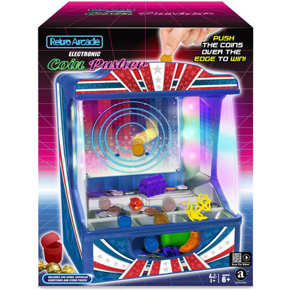 Retro Arcade Electronic Coin Pusher Game with LED lights, blue and red design, includes coins and prizes
