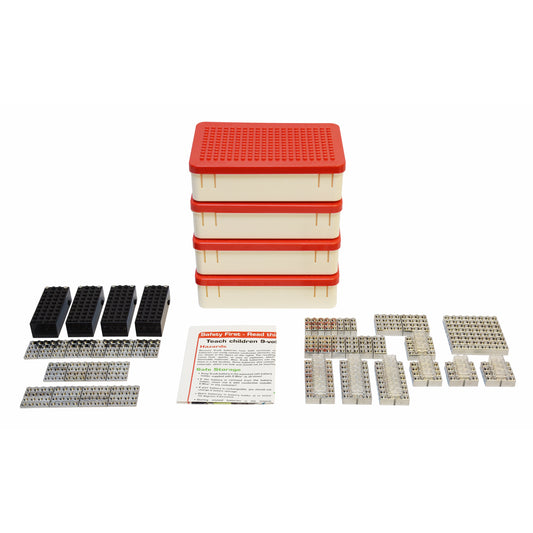 E-Blox Power Blox Standard LED building blocks set with red and cream storage container, black connector blocks, instruction card, and multiple gray circuit boa