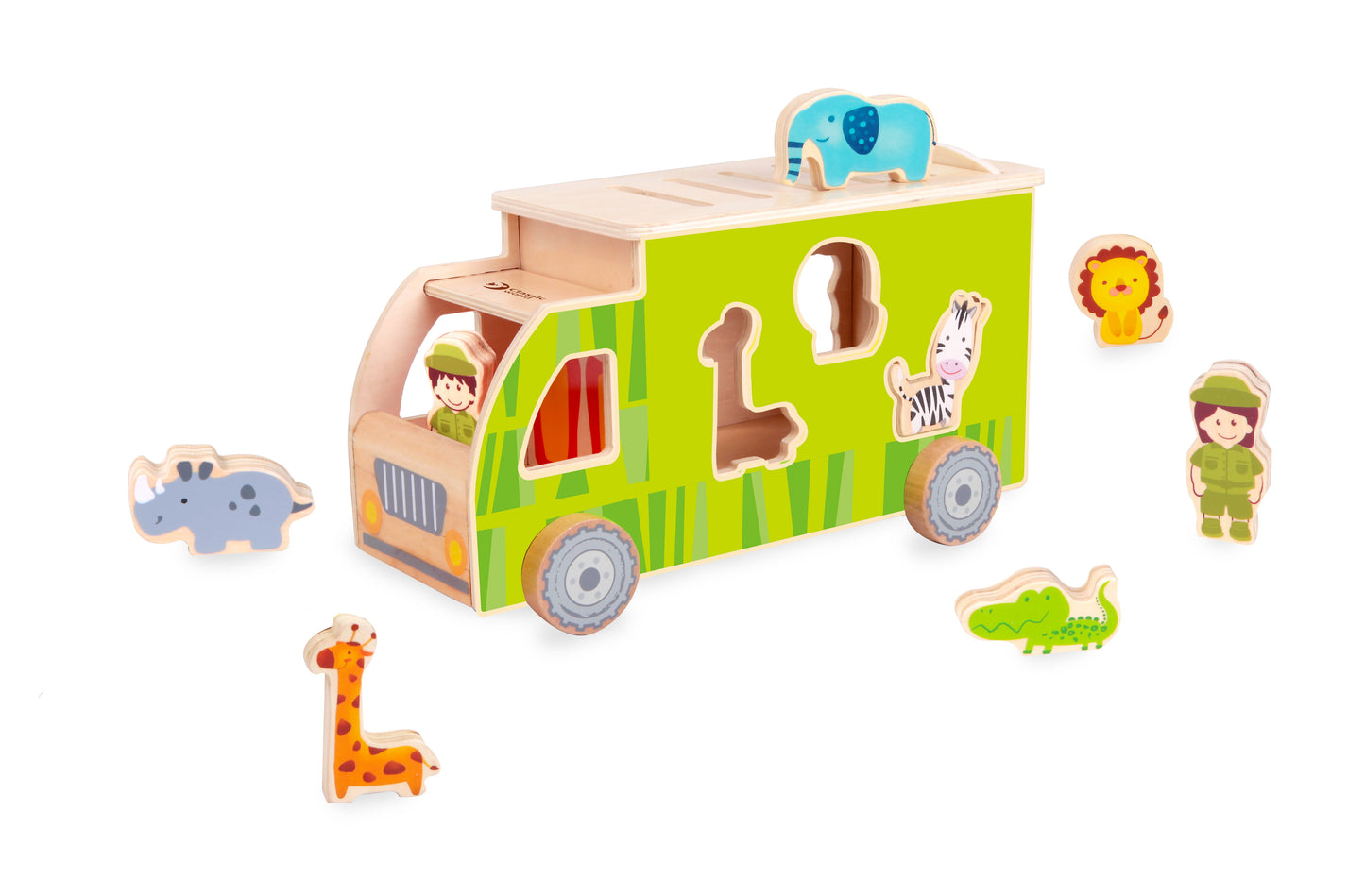 Wooden animal sorting truck with shape-matching holes, includes giraffe, zebra, lion, hippo, crocodile, and safari guide figurines