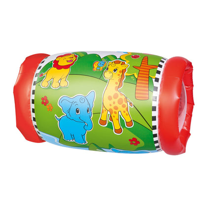 Inflatable crawling toy with red handles and green panel featuring cartoon lion, giraffe, and elephant with colorful animal prints
