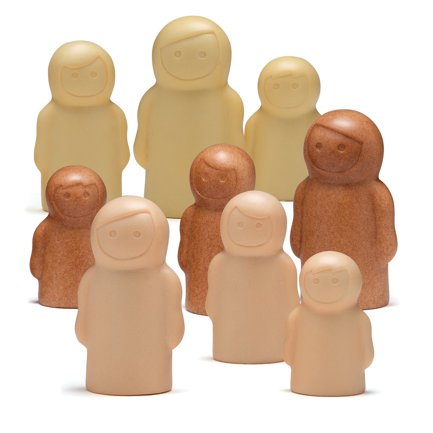 Nine smooth stone figures in neutral tones—cream, tan, and brown—with simple smiling faces, arranged in rows on a plain background.