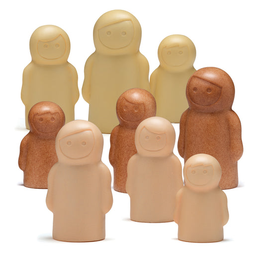 Nine smooth stone figures in neutral tones—cream, tan, and brown—with simple smiling faces, arranged in rows on a plain background.