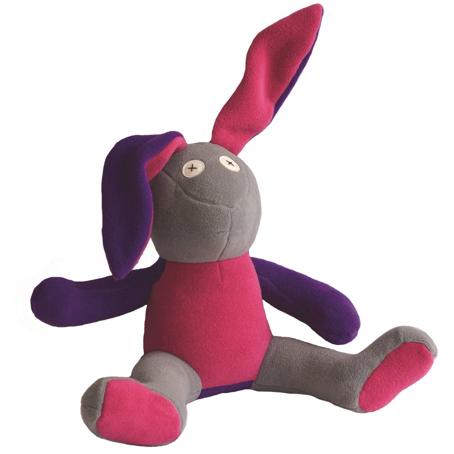 Soft plush bunny with gray head, pink and magenta body and ears, purple arms and legs, and button eyes