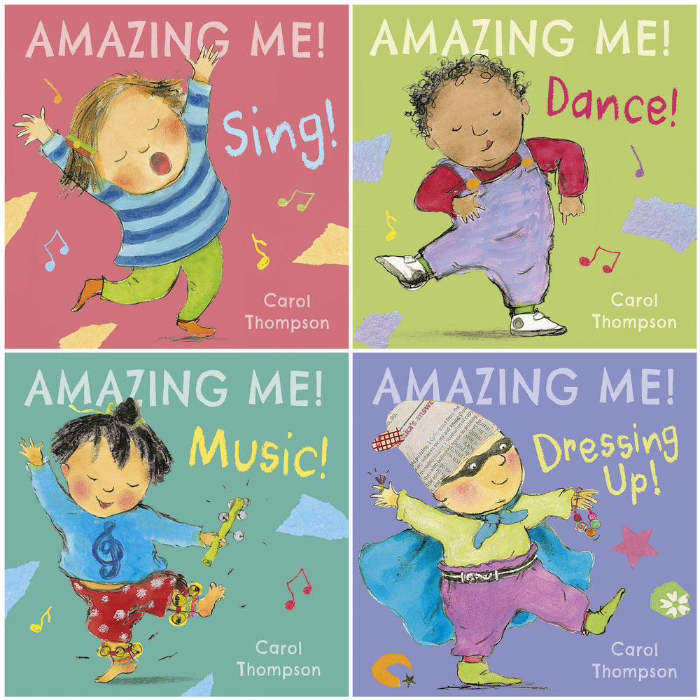 Amazing Me! 4-Piece Board Book Set by Carol Thompson featuring Sing!, Dance!, Music!, and Dressing Up! with illustrated children on colorful backgrounds
