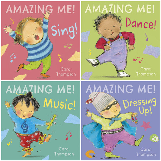 Amazing Me! 4-Piece Board Book Set by Carol Thompson featuring Sing!, Dance!, Music!, and Dressing Up! with illustrated children on colorful backgrounds
