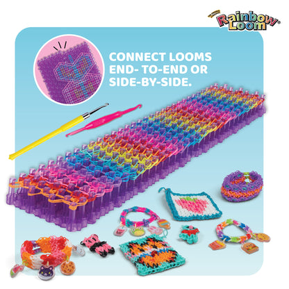 Rainbow Loom Mega Loom Duo with colorful looms, hooks, and finished bracelets in rainbow colors