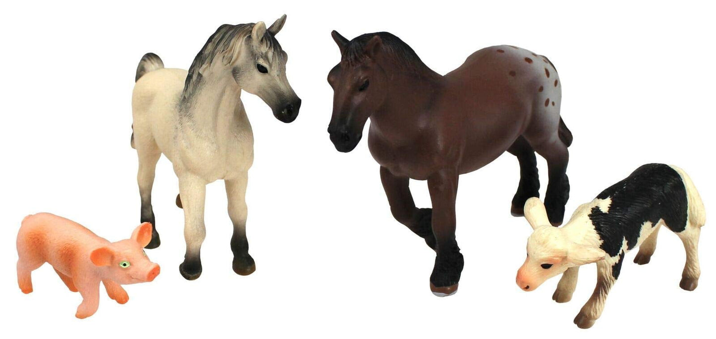 Four farm animal figurines on plain background: pink pig, cream and gray horse, brown horse with spotted rump, and black and white cow