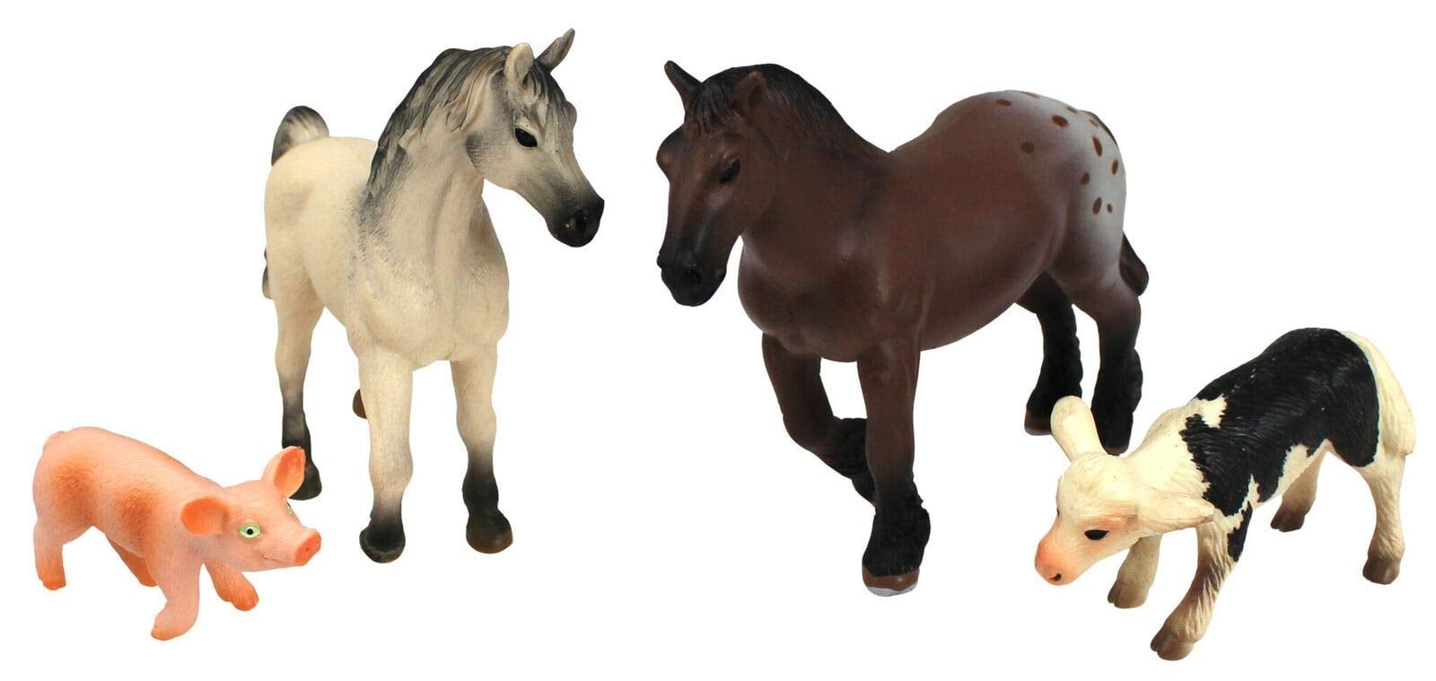 Four farm animal figurines on plain background: pink pig, cream and gray horse, brown horse with spotted rump, and black and white cow