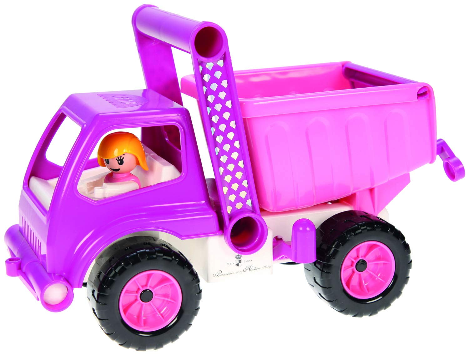 Pink toy dump truck with articulated bed, extendable chute, black and pink wheels, and small figurine driver visible in cab