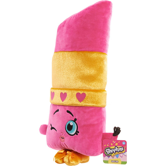 Pink and gold plush Lippy Lips Shopkins character with heart details, large blue eye, and small gold feet, displayed with product tag