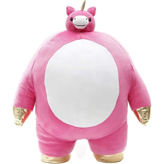 Pink plush unicorn character with white face, pointed horn, cat ears, gold metallic hands and feet, and large white belly panel