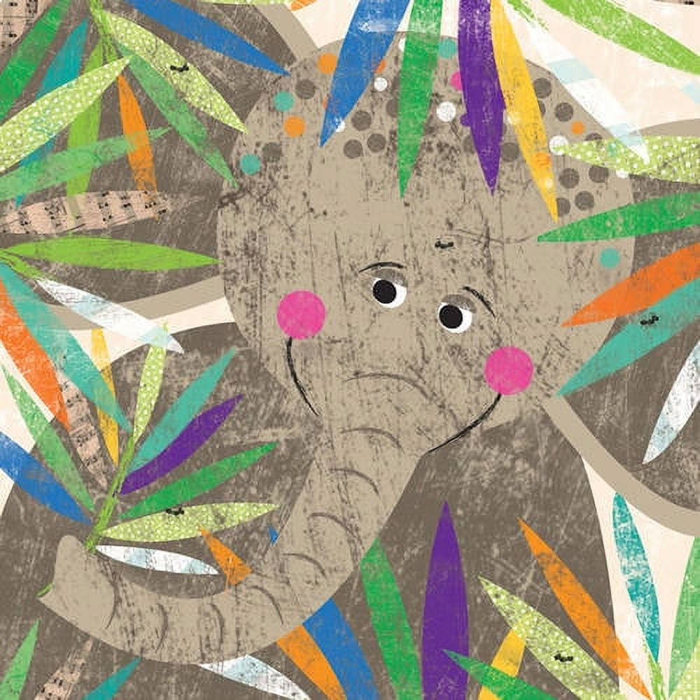Illustrated elephant face with googly eyes and pink cheeks surrounded by colorful feather and leaf shapes on textured gray background