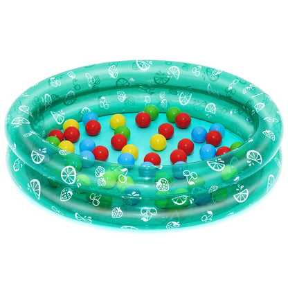 Turquoise inflatable ball pit pool with fruit-print design, filled with colorful balls in red, blue, yellow, and green