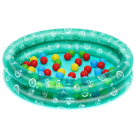 Turquoise inflatable ball pit pool with fruit-print design, filled with colorful balls in red, blue, yellow, and green