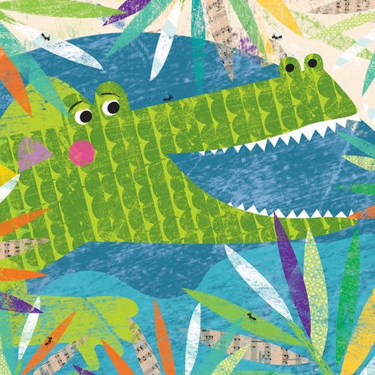 Colorful illustrated canvas art featuring whimsical green crocodiles with large eyes and blue fish among vibrant leaves and water in teal, lime, and purple tone