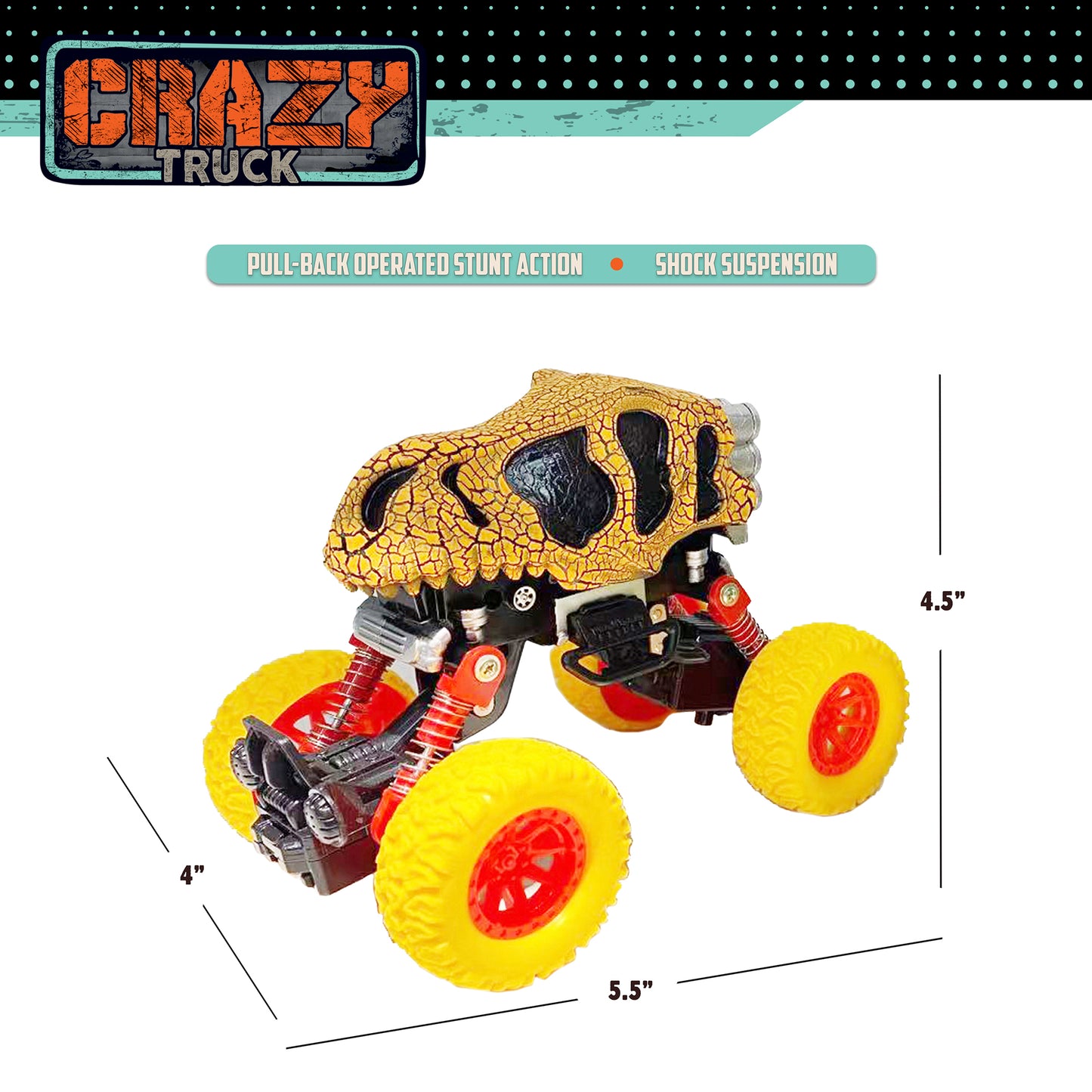 Thin Air Toys Crazy Truck Dinosaur Monster Skull Stunt Truck - Orange & Black, 4.5"
