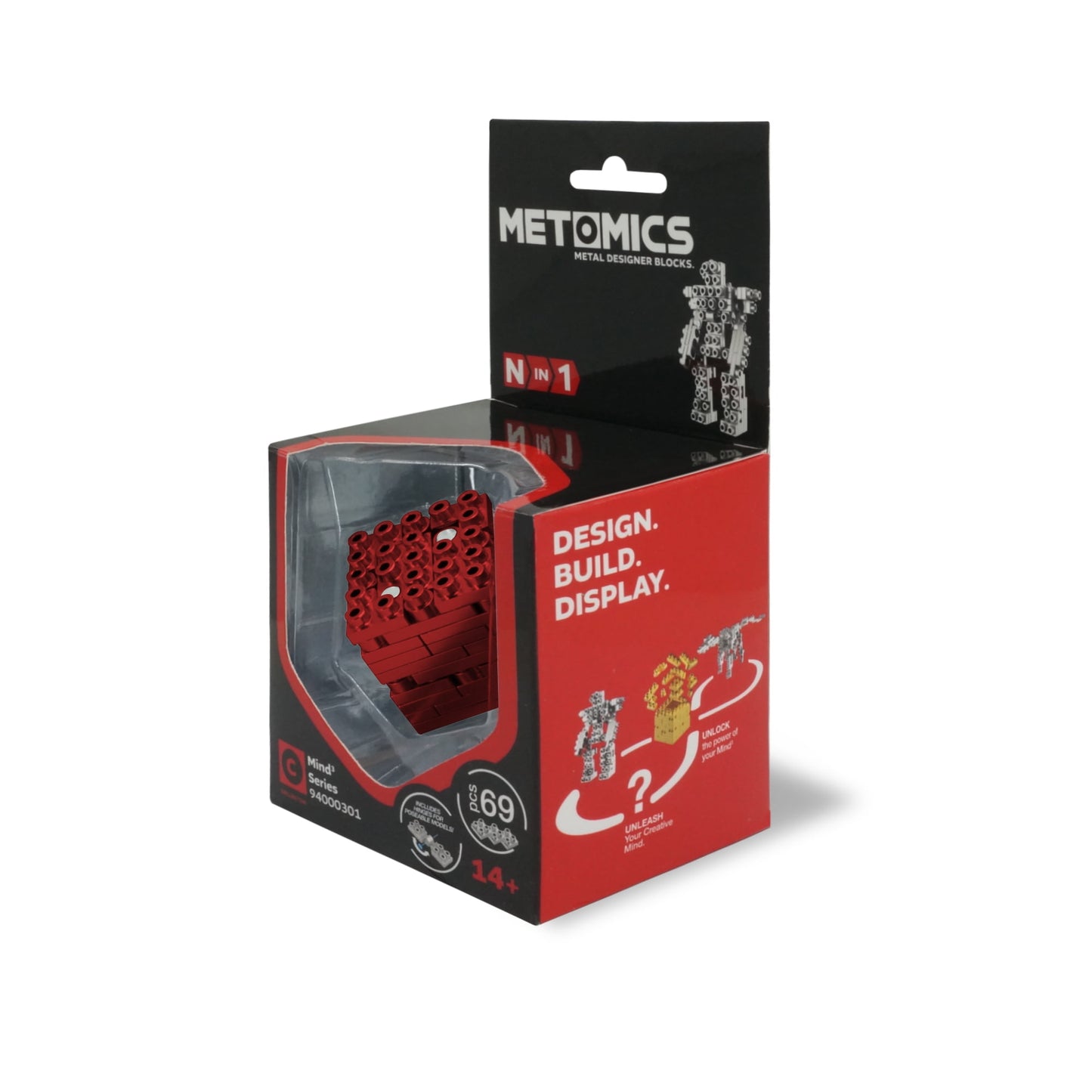 Metomics Mind3 Cube Set red metal designer blocks building set package with clear window showing red interlocking metal pieces inside