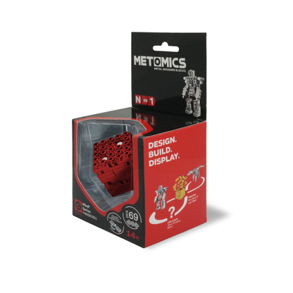 Metomics Mind3 Cube Set red metal designer blocks building set package with clear window showing red interlocking metal pieces inside