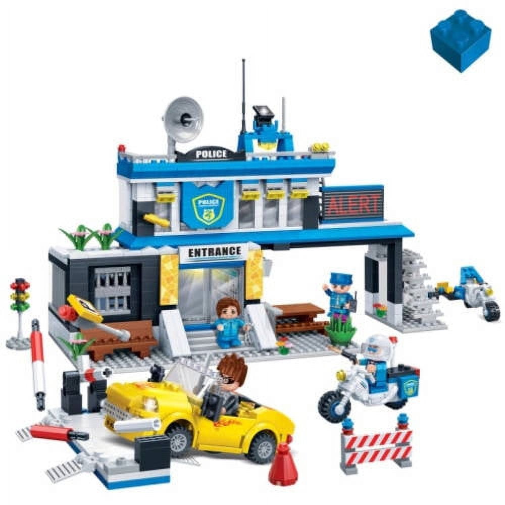 Police station building set with blue and white structure, yellow police car, minifigures, motorcycle, traffic cones, and accessories on plain background