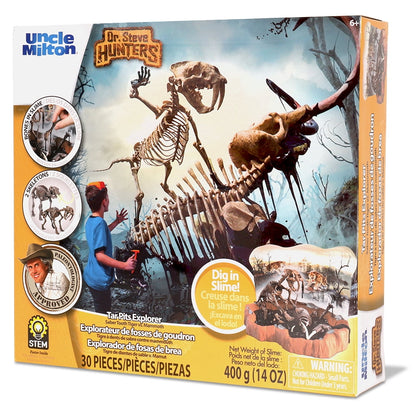 Dr. Steve Hunters Ice Age Explorer Slime Dig Kit box showing a child digging in slime to uncover sabertooth tiger and mammoth skeleton pieces, 30 pieces include