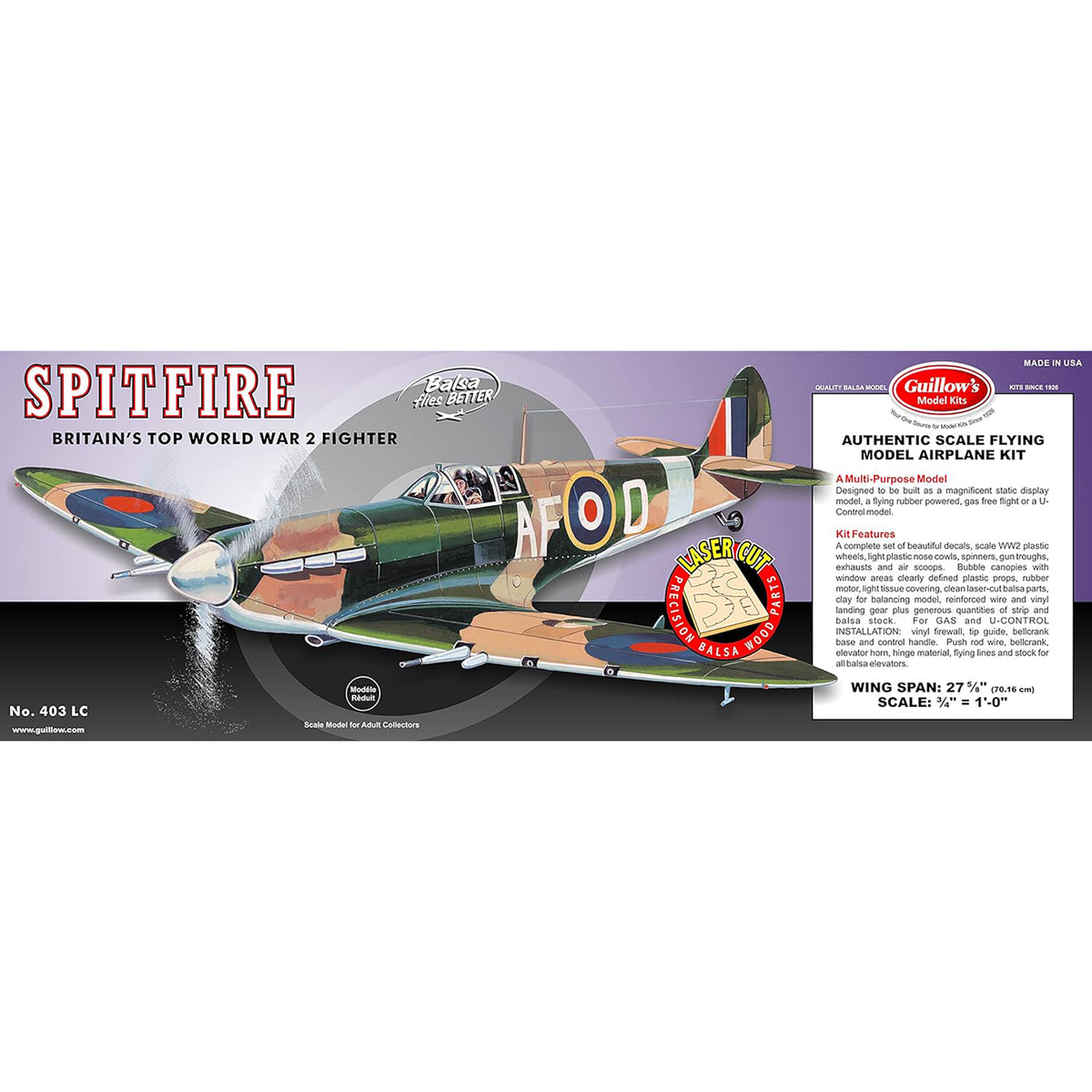 Spitfire Laser Cut Model Kit - WWII fighter plane with camouflage paint scheme and RAF markings