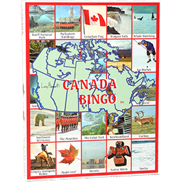 Canada Bingo game board with red border featuring map of Canada, Canadian symbols, wildlife, landmarks, and maple leaf imagery