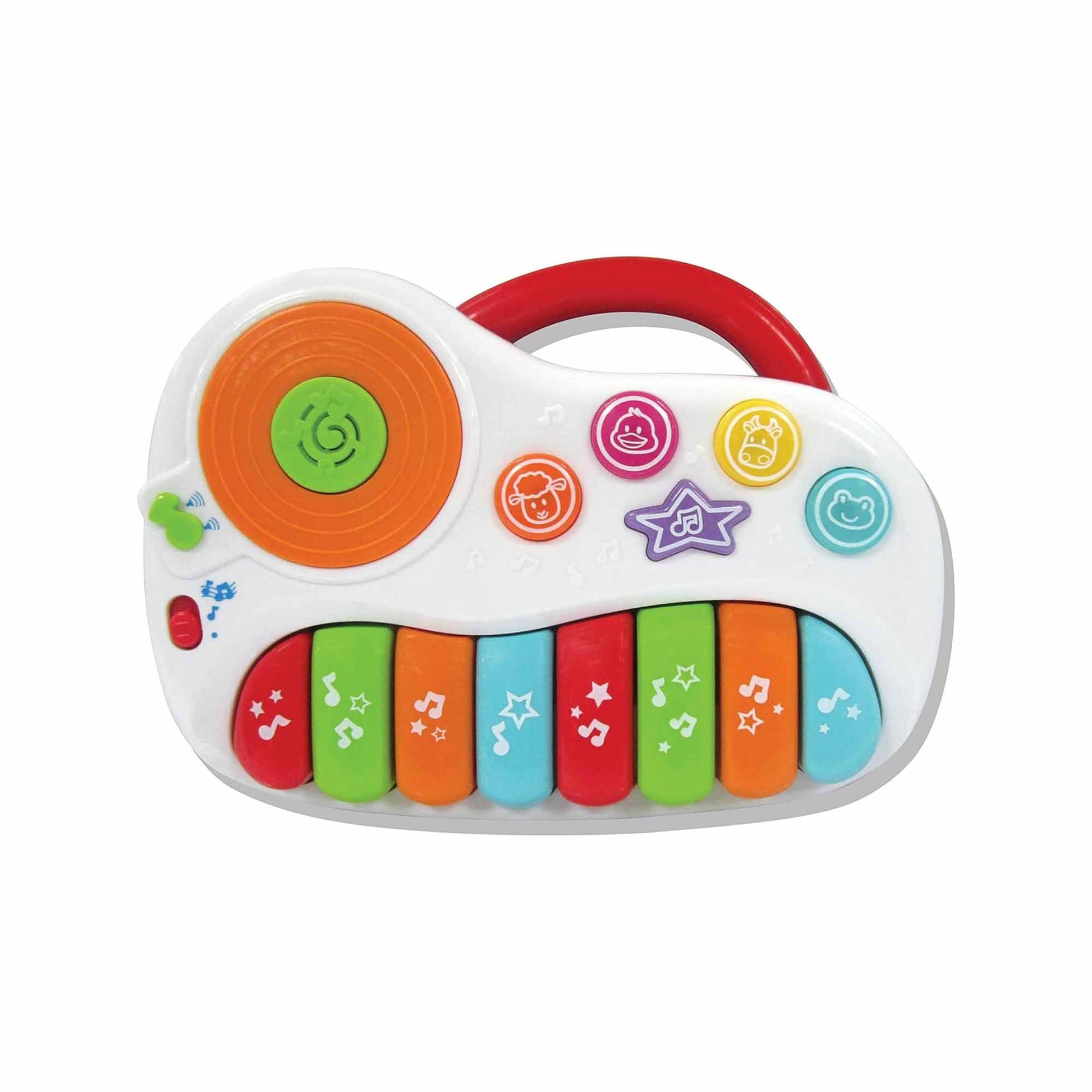 White baby piano toy with colorful keys in red, green, orange, and blue, orange spinning wheel with green center, red handle, and five colorful buttons on top