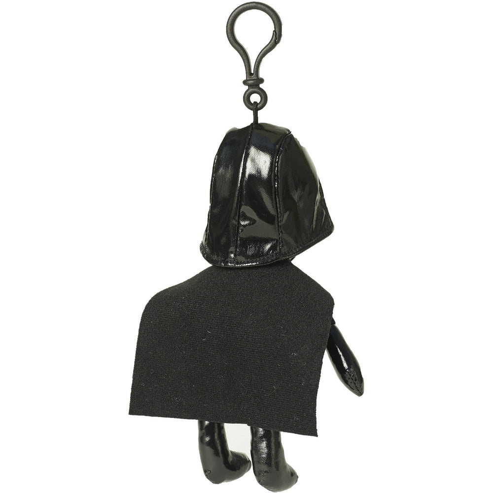 Black plush Darth Vader keychain with glossy helmet, fabric cape, and metal loop attachment