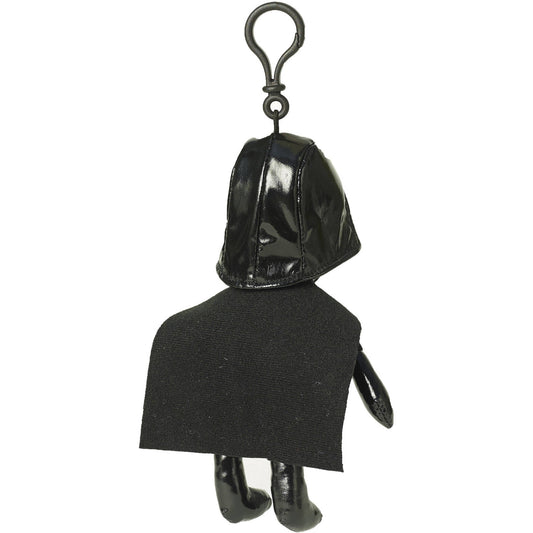 Black plush Darth Vader keychain with glossy helmet, fabric cape, and metal loop attachment