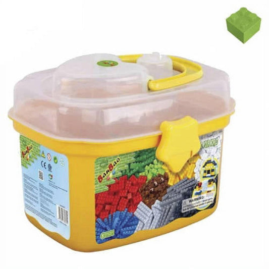 BanBao Creative Building Block Set in yellow carrying case with clear lid and yellow handles, containing colorful plastic blocks in red, green, blue, and brown;