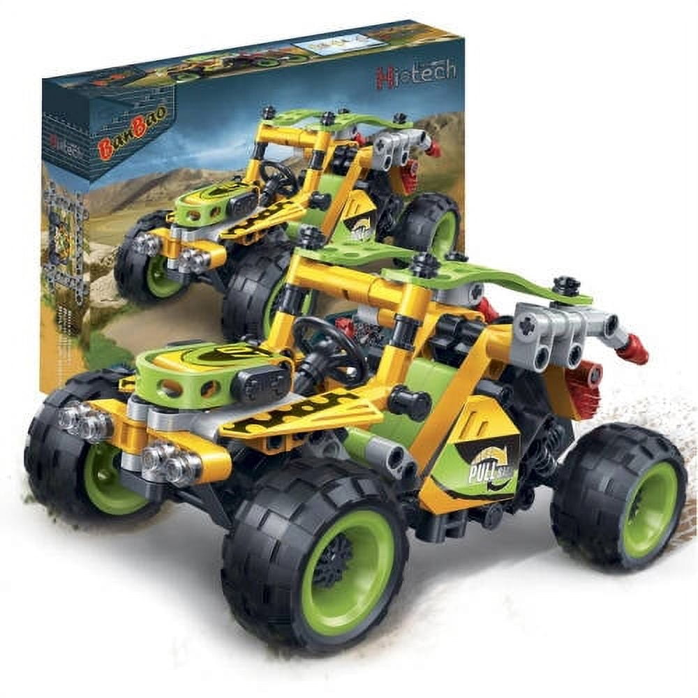 BanBao High-Tech Series Racer 07 yellow and green dune buggy building set with large black wheels, shown assembled and in package box
