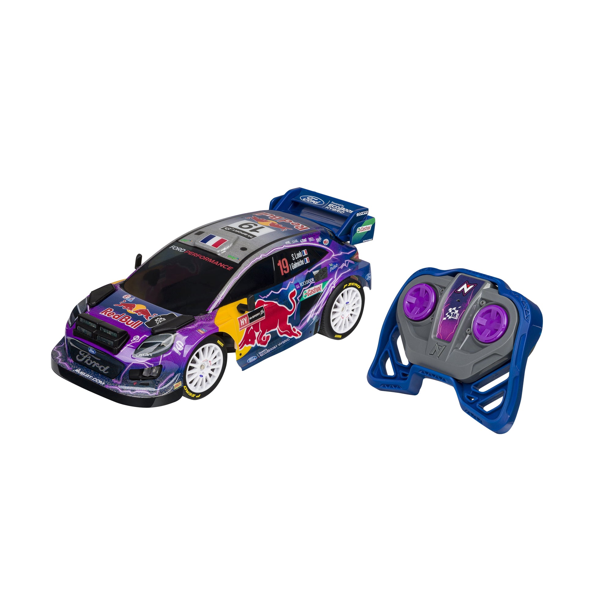 Purple and black Ford rally race car with Red Bull graphics and white wheels, shown with blue remote control featuring purple buttons