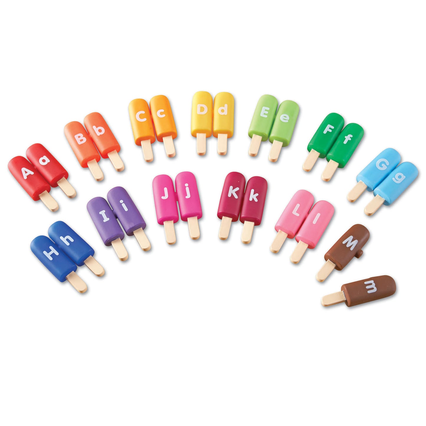 Colorful alphabet popsicle toys with wooden sticks, each labeled with letters A through M in different colors: red, orange, yellow, green, blue, purple, pink, a