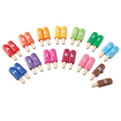 Colorful alphabet popsicle toys with wooden sticks, each labeled with letters A through M in different colors: red, orange, yellow, green, blue, purple, pink, a