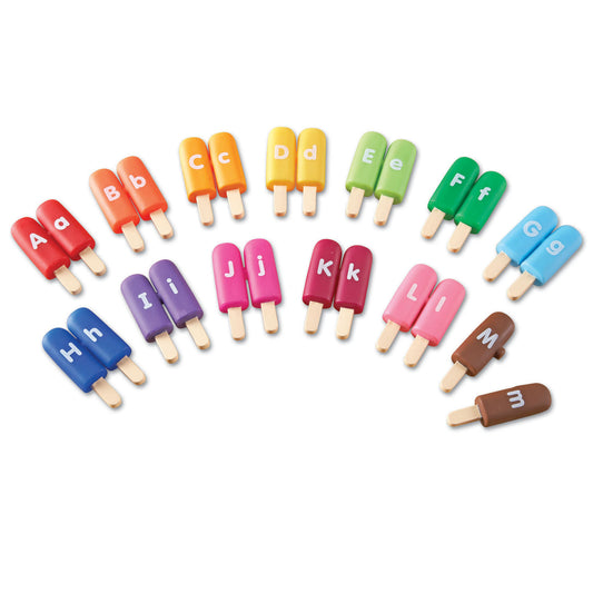 Colorful alphabet popsicle toys with wooden sticks, each labeled with letters A through M in different colors: red, orange, yellow, green, blue, purple, pink, a