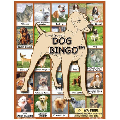Dog Bingo game board showing illustrated dog silhouette in center surrounded by photographs of dog breeds including Wolf, West Highland Terrier, Bulldog, Basset