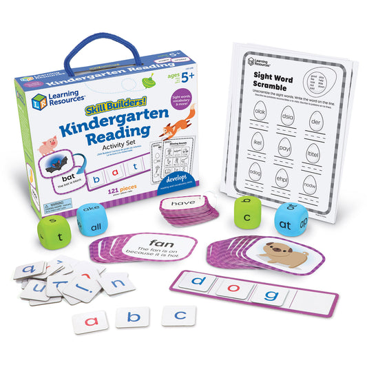 Learning Resources Skill Builders Kindergarten Reading Activity Set with letter blocks, word cards, activity worksheets, and instruction box containing 121 piec