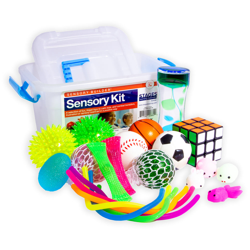 Sensory Kit contents displayed with clear plastic storage container, including textured balls, colorful fidget toys, mesh stress balls, Rubik's cube, soccer bal
