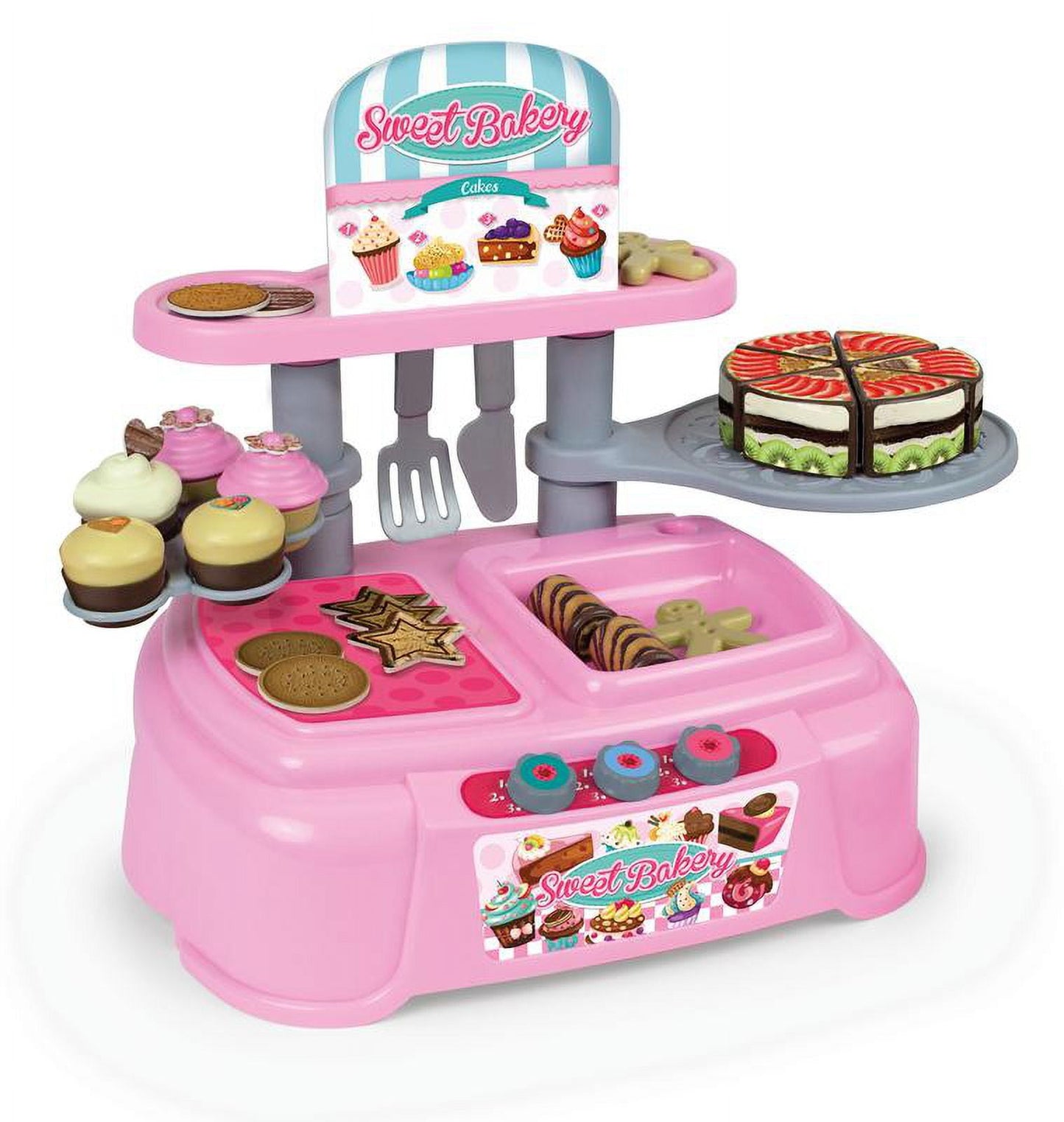 Sweet Bakery Playset with pink base station, cupcakes, cookies, cakes, cooking utensils, and display shelves
