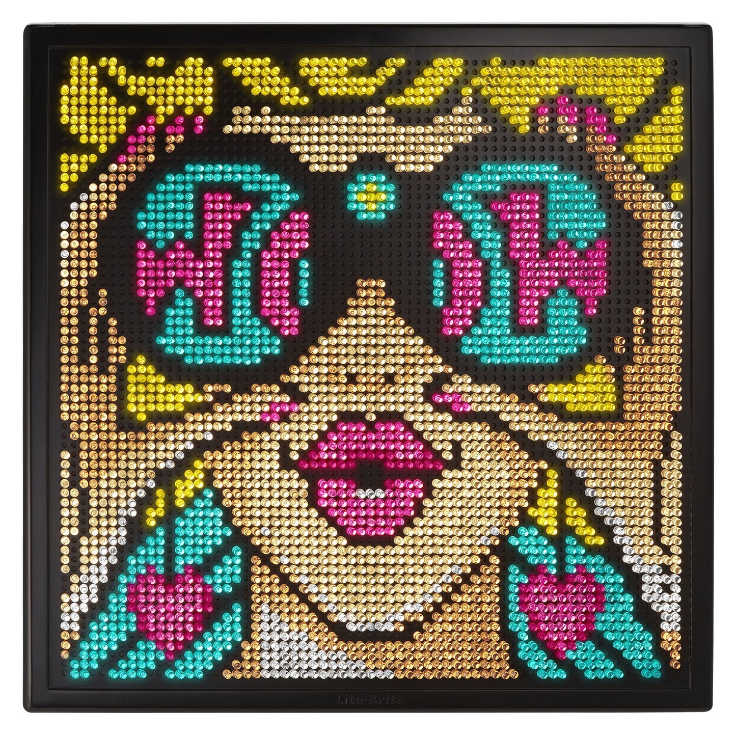 Lite-Brite Wall Art POP WOW illuminated display with colorful pegs in yellow, magenta, cyan, gold, and white forming retro pop art patterns on black pegboard