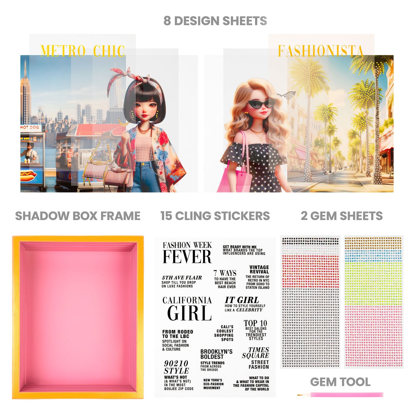 Shadow Box Kit: Luxe Life Cover Girls with 8 design sheets, stickers, and gem decorations