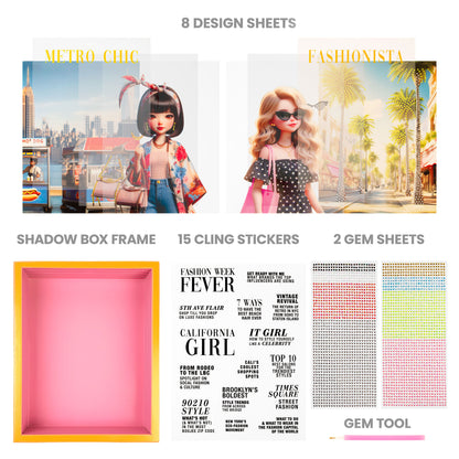 Shadow Box Kit: Luxe Life Cover Girls with 8 design sheets, stickers, and gem decorations