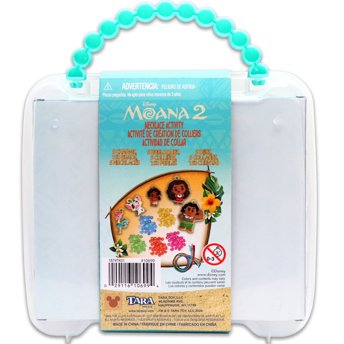 Moana 2 Necklace Activity Set with beads, charms, and colorful crafting supplies in turquoise packaging