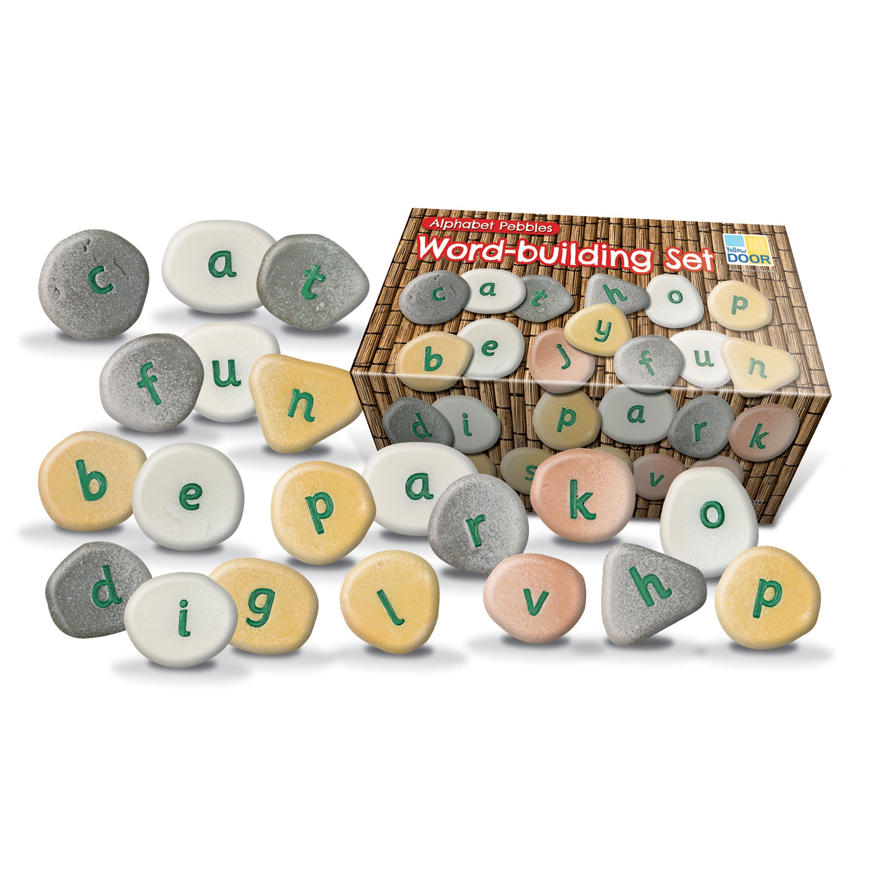 Alphabet Pebbles Word-Building Set with gray, cream, yellow, and pink stone-textured pieces each stamped with lowercase letters, displayed scattered and in brow